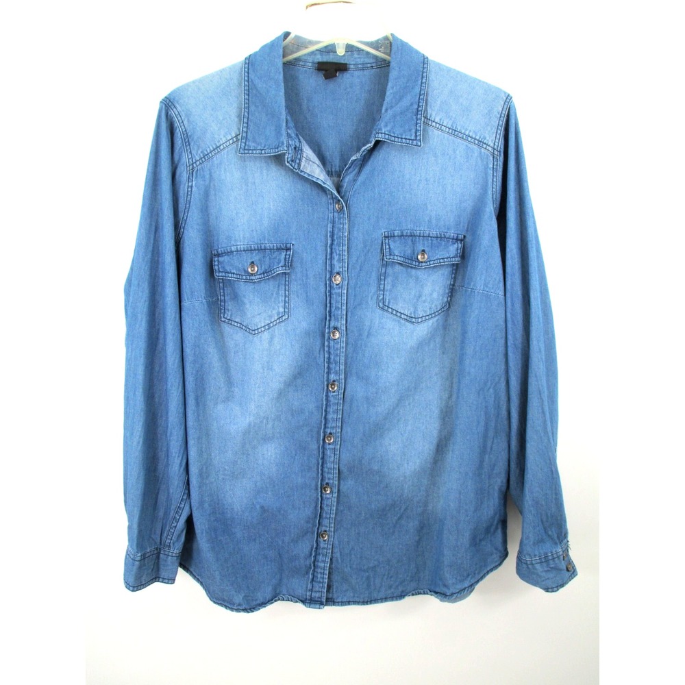 TORRID Button-Up Shirt Women Size 0 (L/12) Blue Chambray Long Sleeve Faux Denim